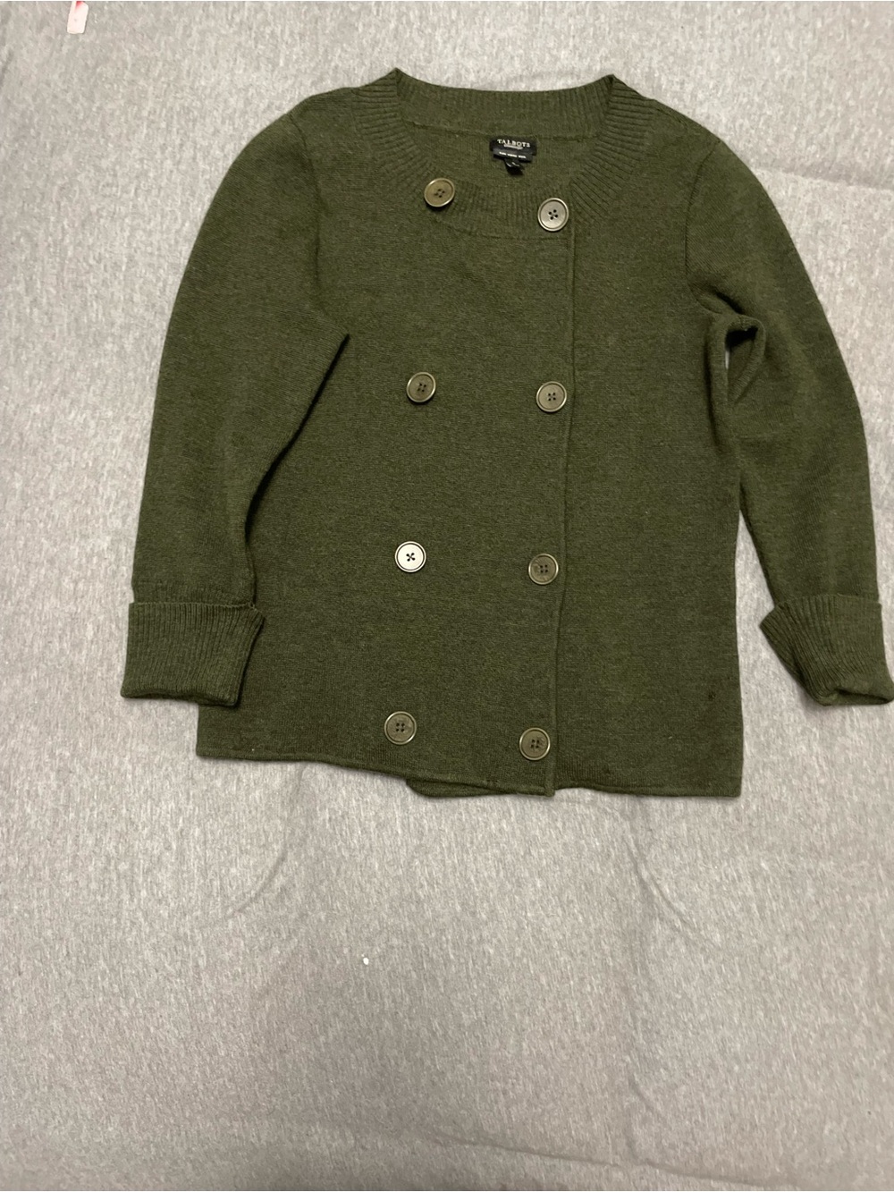 Talbots Pure Merino Wool Double Breasted Sweater Jacket Green S